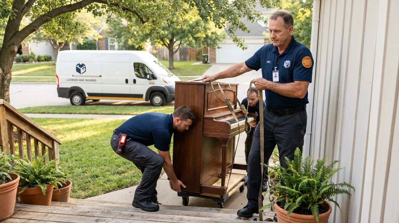 Licensed piano movers securing grand piano in Stratford, CT