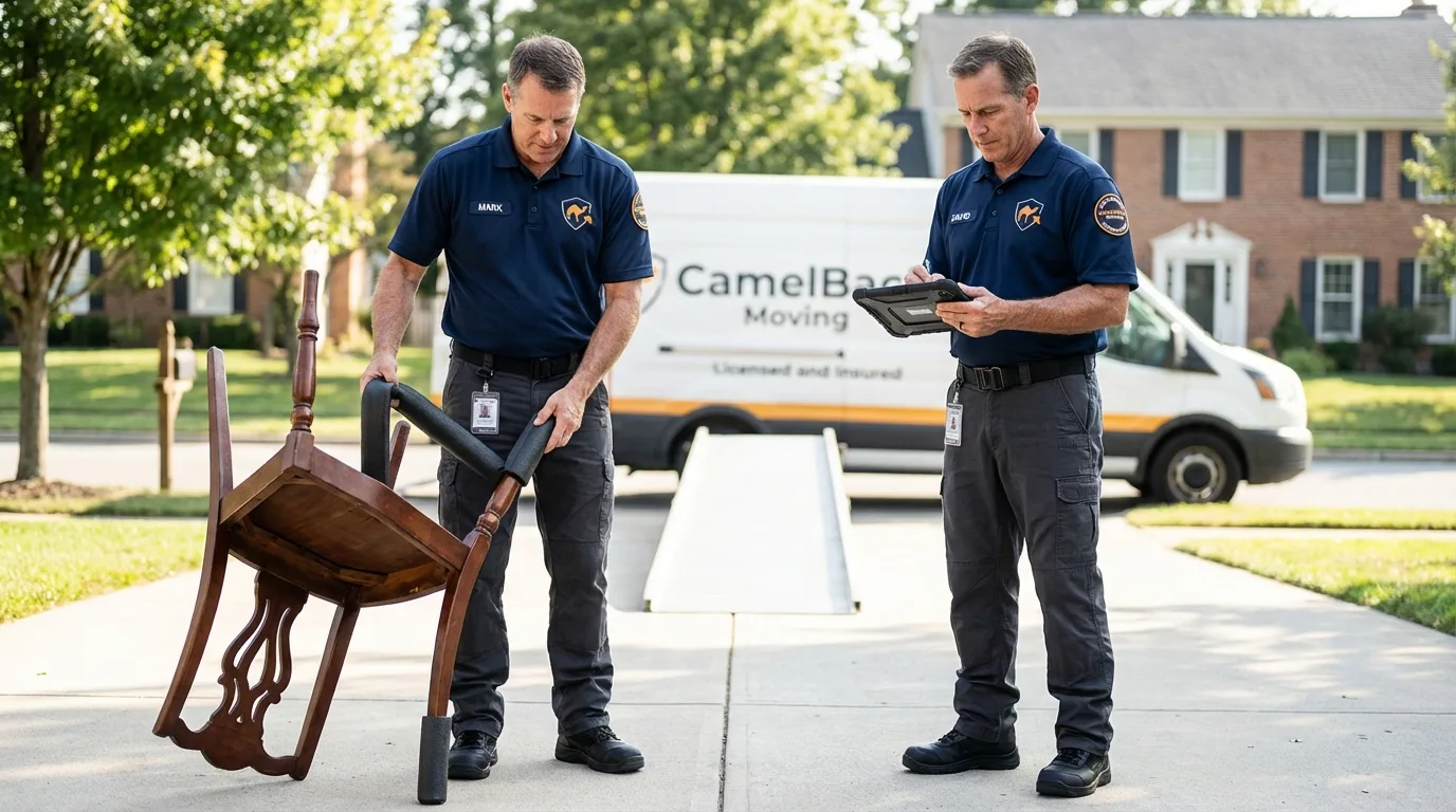 Movers inspecting furniture for damage prevention before loading in Stratford, CT