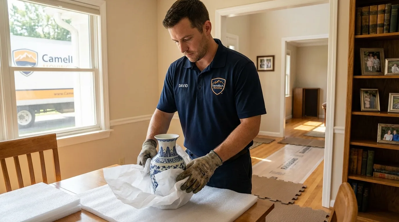Professional crew carefully wrapping antique vase for senior downsizing move in Stratford, CT